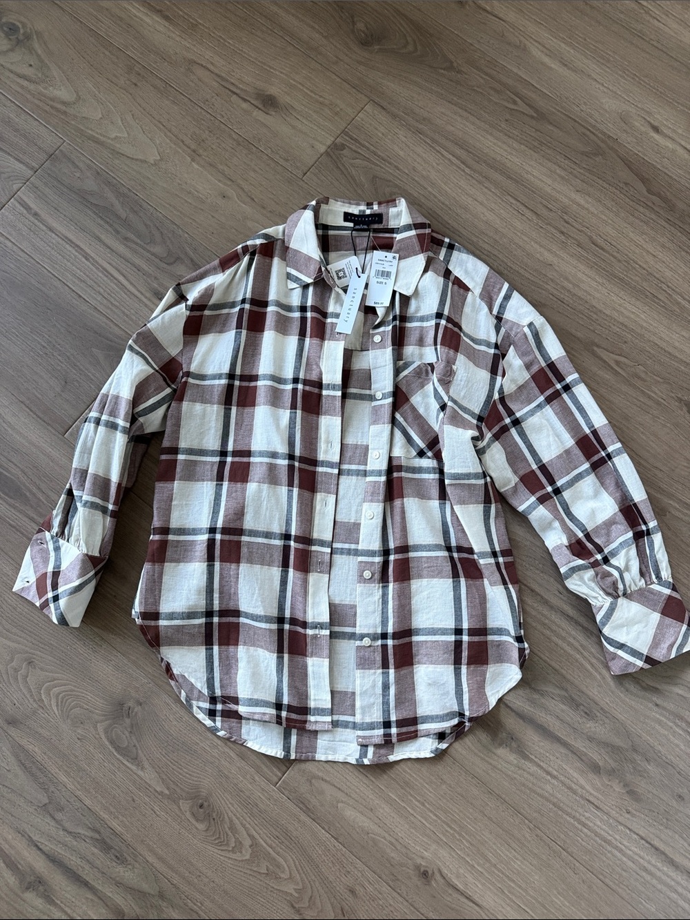 Sanctuary Plaid Button-Down Shirt in Cream and Brown